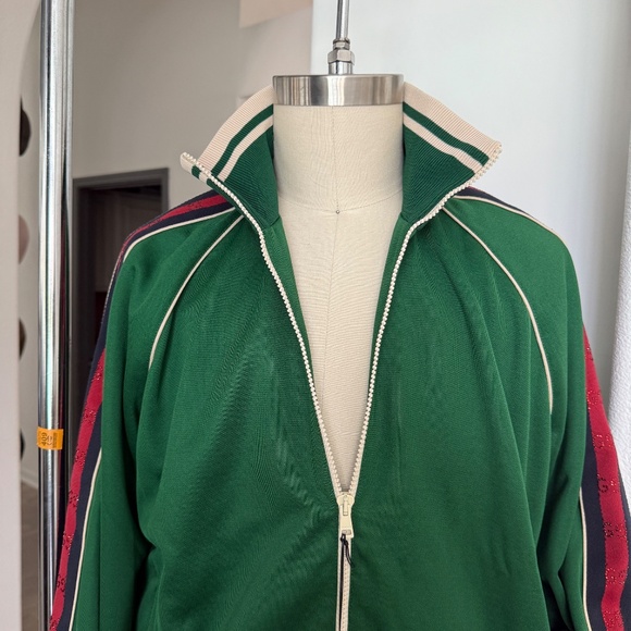 GUCCI Green Cotton/Poly blend Jacquard Zip up TRACK Jacket Sweatshirt, size Lg. - Picture 4 of 13